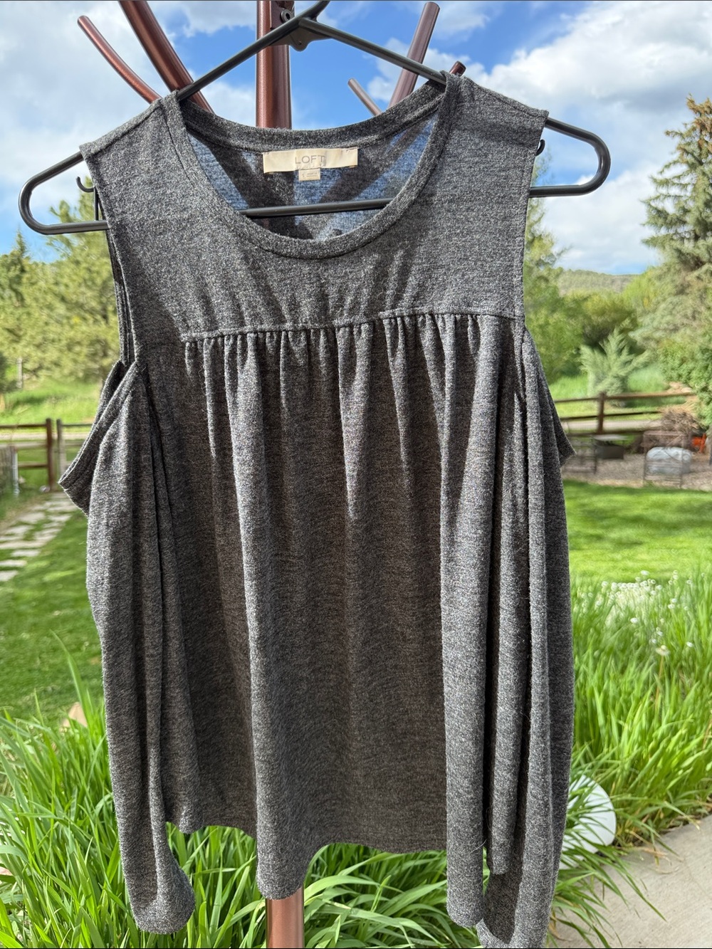 LOFT Dark Gray Open Shoulder Gathered Front Top
